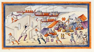 De Grieken begonnen een bolwerk te graven om hun barakken en schepen te beschermen. De Ilias. Zang VII. Gravure uit het einde van de 18e eeuw. door Unknown artist