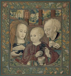 De Heilige Familie met het Kindje Christus dat de wijn van de Eucharistie perst