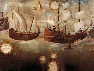 De Jezuïeten arriveren per schip voor de kust van Nieuw Granada