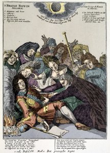 De koning viel flauw en de hovelingen omringen hem, treurend: spot op de revers van Lodewijk XIV in Nederland en Italië in 1706