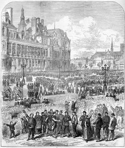 De Commune van Parijs in 1871. Barricades en artilleriepark van de Federes (Communards), Place de l