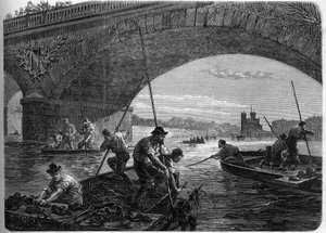 De Parijse Commune in 1871. Vissen naar wapens die door de Federes (communards) in de Seine zijn gegooid onder de Austerlitz-brug tijdens het laatste debat van de commune.