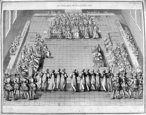 Het Poissi Colloquium (Poissy) in 1561. In het midden de koning van Frankrijk Karel IX en koningin-moeder Catharina de