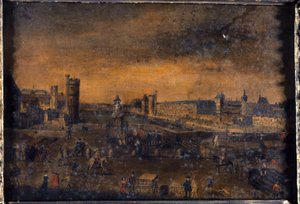 De Pont-Neuf, gezien vanaf de ingang van de Place Dauphine, het Hôtel de Nevers, de Tour de Nesle, de Grande Galerie, met de Porte Neuve, en het Louvre, circa 1640 door Unknown artist