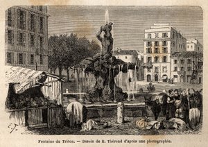De Tritonfontein, in Rome, gecreëerd in 1643 door Gian Lorenzo (Gianlorenzo) Bernini bekend als Le Bernini (1598-1680), op het Barberini-plein. Gravure ter illustratie van de reis naar Rome, door Francis Wey, in 1864-1868, gepubliceerd in 