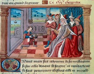 De Venetiaanse navigator Marco Polo (1254-1324) voor de grote Qubilai (Kubilai Khan, eerste keizer van de Mongoolse Yuan-dynastie (1215-1294). Miniatuur uit 