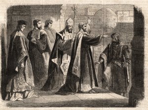 De aartsbisschop Sint Ambrosius van Milaan (Aurelius Ambrosius, Ambrogio di Milano (340-397) verbood de toegang tot de kerk aan de Romeinse keizer Theodosius I (Flavius Theodosius) (347-395) om hem te straffen voor het bloedbad van Thessaloniki in 390 - Ex door Unknown artist