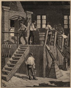 De kunst van glas: glasblazers die glas vervaardigen volgens de Franse methode. Gravure uit 1885 in “Les arts et métiers illustrés” door Adolphe BITARD door Unknown artist