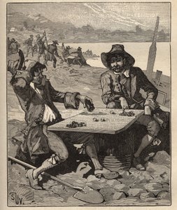 De kunst van de edelsteenbewerking: uitvinders van de diamantmijnen van Brazilië aan het begin van de 18e eeuw. Goudzoekers spelen met kristallen als fiches zonder te weten dat het echte diamanten zijn. Gravure uit 1885 in 