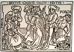 De moord op Julius Caesar (100-44 v.Chr.): hij wordt neergestoken door Brutus en Cassius terwijl Porcie, de vrouw van Brutus, flauwvalt. Houtsnede uit de 16e eeuw