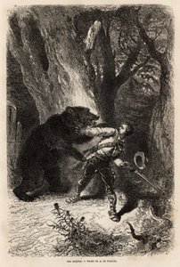De auteur, tijdens een excursie rond Jacksonville, wordt in het bos verrast door een tamme beer en ketting. Gravure ter illustratie van het verhaal vier maanden in Florida, door Achille Pousselgue in 1851-1852, gepubliceerd in 