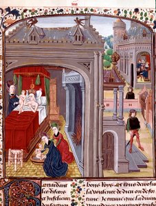 De geboorte van Alexander de Grote (356-323 v.Chr.), zoon van Olympias en Nectanebo II. Miniatuur uit 