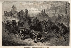De bizondans uitgevoerd door de krijgers van de Mandans-indianen (of noumah ka kie: fazanten) op de linkeroever van de Missouri. Gravure ter illustratie van een excursie onder de indianenstammen van de bekkens van Colombia en Boven-Missouri, door G. Catlin door Unknown artist