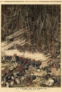 De verovering van Thiassale (Ivoorkust), door Kapitein Jean Baptiste Marchand (1863-1934), commandant van de militaire troepen van de kolonie, met een troep van 115 man, vochten zij tegen de Baoule-krijgers tussen de Bendama-rivier en het oerwoud.