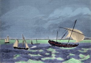 De vangst van een dhow (Arabische boot) slavenhandelaar langs de Malagassische kust. door Unknown artist