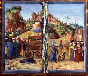 De wagen van de Heilige Ark van het Verbond, gevolgd door David die de psalterion speelt; Ozam, die had geprobeerd haar vast te houden, ligt dood op de grond. David