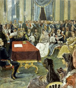 Het burgerlijk huwelijk van de Prins van Napels - die Victor Emmanuel III werd - met Prinses Helene van Montenegro in het Quirinaal Paleis in 1896. In het midden zie je Humbert I links van de bruid.