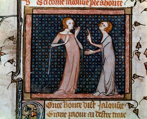 Het colloquium van Jaloezie en Schaamte Miniatuur in "Roman de la rose" door Jean de Meun, Jean de Meung of Jean Chopinel, Jean Clopinel (ca. 1370)