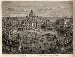 De colonnades van Sint-Pieter in het Vaticaan, gebracht door Bernini (1598-1680) in 1655, op een elliptisch vlak, dat een gemeenschappelijke plaats werd van barokke en rococo-architectuur. Gravure ter illustratie van de reis naar Rome, door Francis Wey, in door Unknown artist