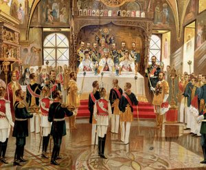 De kroning van tsaar Nicolaas II (1868-1918) in Moskou, Rusland door Unknown artist