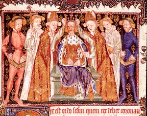 De kroning van een koning Waarschijnlijk koning Richard II van Engeland (1367-1400). Miniatuur uit het manuscript over kroningsrituelen 
