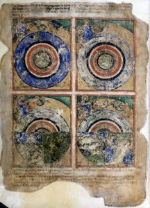 De schepping van de wereld. Genesis. Miniatuur uit codex 212 (of padovano codex of Bijbel van Padua) 1390-1400 Rovigo, Accademia dei Concordi