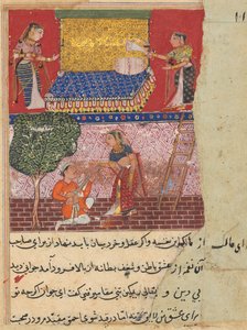De schoondochter van de koning van Banaras, betoverd door de muziek van een zwerver, komt naar beneden om hem te ontmoeten, uit een Tuti-nama (Verhalen van een Papegaai): Zestiende Nacht door Unknown artist