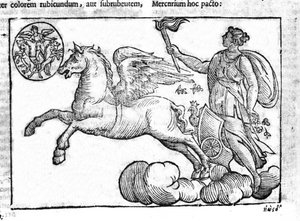 De dageraad (de wagen van de zon). Allegorie van de zonsopgang met de personages uit de Griekse en Romeinse mythologie in de lucht. Gravure uit 