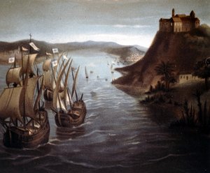 Het vertrek van Christoffel Columbus uit Palos. 19e eeuwse chromolithografie door Unknown artist