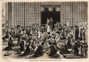 De eetkamer van het Yokohama Theater is permanent gevuld, zelfs tijdens de voorstelling. Gravure ter illustratie van de reis naar Japan, door Aime Humbert, minister van de Zwitserse Confederatie, in 1863-1864, gepubliceerd in 