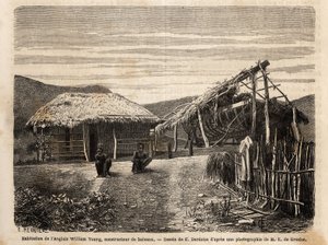 De woning en scheepswerf van een Engelse bouwer nabij Noumea, die inheemse arbeid gebruikt of hen veroordeelt tot het einde van hun zware werk. Gravure ter illustratie van de reis naar Nieuw-Caledonië, door Jules Garnier, civiel ingenieur van mijnen, in 18 door Unknown artist