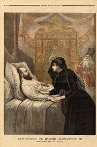 De keizer (tsaar) van Rusland Alexander III (1815-1894) op zijn sterfbed, van 1881 tot 1894, zijn regeerperiode toonde een compromisloze autocraat, leidend een vreedzaam buitenlands beleid en vrijwillige actor van toenadering met Frankrijk. Gravure in 