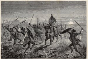 De escorte toegewezen aan de reiziger Baker, voert een fantasia uit voordat hij vertrekt naar het Albertmeer (of Albert Nyanza). Gravure om de reis naar het Albertmeer van 1861-1864 te illustreren, door Sir Samuel White Baker, in 