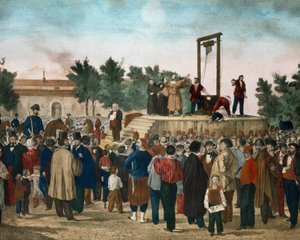 De executie op 13/03/1858 van Felice Orsini (1819 - 1858) en Pieri die de aanslag van 14 januari 1858 tegen Napoleon III uitvoerden op Place de la Roquette in Parijs Lithografie van het einde van de 19e eeuw. Milaan privécollectie door Unknown artist