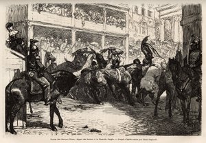 De vrije paardenrace, vier keer georganiseerd tijdens het carnaval, begint op het Volksplein, dan speert het op drievoudige galop op de Corso naar het Venetiëplein, waar de prijzen worden uitgereikt. Gravure ter illustratie van de reis naar Rome, door Fran door Unknown artist