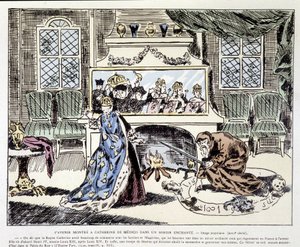 De toekomst getoond aan Catherine de Medici (Caterina de Medici) in een betoverde spiegel - Populaire afbeelding uit de 18e eeuw