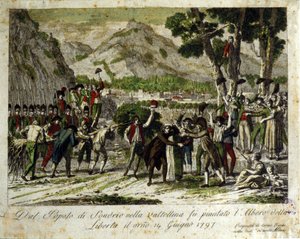 De inwoners van Sondrio de la Valtellina planten de boom van de vrijheid, symbool van overwinning op het Oude Regime. 14/06/1797. Gravure. door Unknown artist