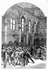 Het interieur van de New York Stock Exchange in 1881