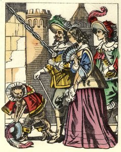 De koning, de prinses en de Markies van Carabas arriveren bij het kasteel van de reus, voorafgegaan door de gelaarsde kat. Illustratie van het sprookje 