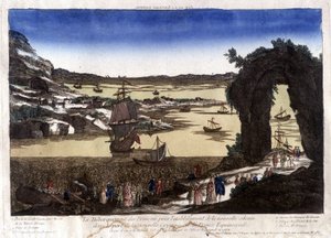 De landing van de Fransen voor de oprichting van de nieuwe kolonie in de haven van Nouvelle Cayenne (of Frankrijk Equinoxiale)