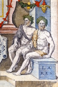 De laresgoden: ze beschermen het huis en zijn bewoners (ze zijn de geesten van de voorouders). Gravure uit de 16e eeuw door Unknown artist