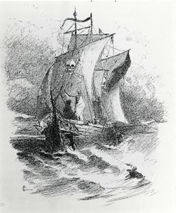 De legende van het Spookschip of de Vliegende Hollander: een Nederlandse commandant die het lot wilde tarten zou veroordeeld zijn om voor altijd op zijn schip rond te dwalen en ongeluk te brengen aan de schepen die zijn pad kruisen. Gravure uit de 19e eeuw