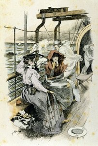 Het leven van passagiers aan boord: een jonge vrouw heeft last van zeeziekte.
