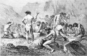 De vervaardiging en het polijsten van vuursteen door prehistorische mensen in Pressigny