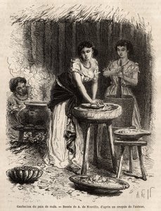 De vervaardiging van maïsbrood, de basis van voedsel, door vrouwen van de Grote Cauca-vallei (Colombia). Gravure ter illustratie van de reis naar Nieuw-Granada, door Dr. Saffray, in 1869, gepubliceerd in 