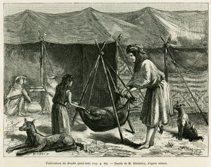 De melkproductie door de vrouwen van herders in de Karoun-regio. Gravure ter illustratie van het verhaal 