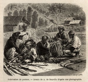 De vervaardiging van palmbladeren manden, voor de verzameling van koffie. Gravure ter illustratie van de reis naar Brazilië, verhaal door M. en Mme Agassiz, in 1865-1866, gepubliceerd in 