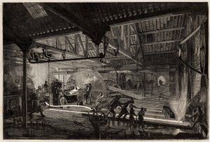 De vervaardiging van de rails in de oude smederijen van Le Creusot, de stalen strips, wit van de hitte, worden uitgerekt in rails tussen de walsen. Gravure ter illustratie van een reis naar de Creusot en de mijnen van Saone en Loire, in 1865, door L. Simon door Unknown artist