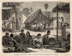 De markt in Phnom Penh, waar Maleisische winkeliers en Chinese handelaren een breed scala aan consumenten- en fabricageproducten aanbieden. Gravure ter illustratie van de ontdekkingsreis in Indochina, door Francis Garnier, luitenant de Vaissseau, in 1866-1