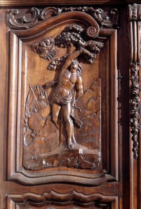 Het martelaarschap van San Sebastian, detail van de gesneden houten deur van de kerk van de onbevlekte ontvangenis, Menton.